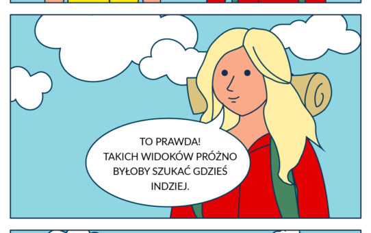 Komiks składający się z trzech scen. Para bohaterów odmiennej płci wyraża swój zachwyt z obecności w Słowińskim Parku Narodowym.