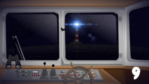 Wizualizacja przedstawiająca widok z kokpitu kapitana statku oraz znaki świetlne wysyłane przez latarnię morską.