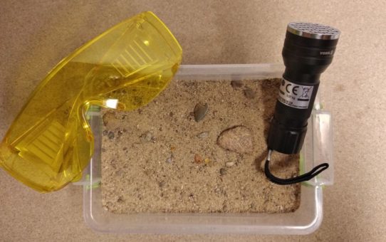 Plastikowe pudełko wypełnione piaskiem, kamykami i bursztynem. Na pudełku leży latarka i żółte okulary.