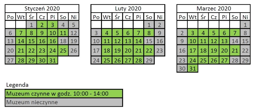 Kalendarz trzech miesięcy: styczeń, luty, marzec 2020 r. Na zielono zaznaczone są dni w których muzeum jest czynne w godzinach 10-14. Na szaro zaznaczone są dni w których muzeum jest nieczynne.