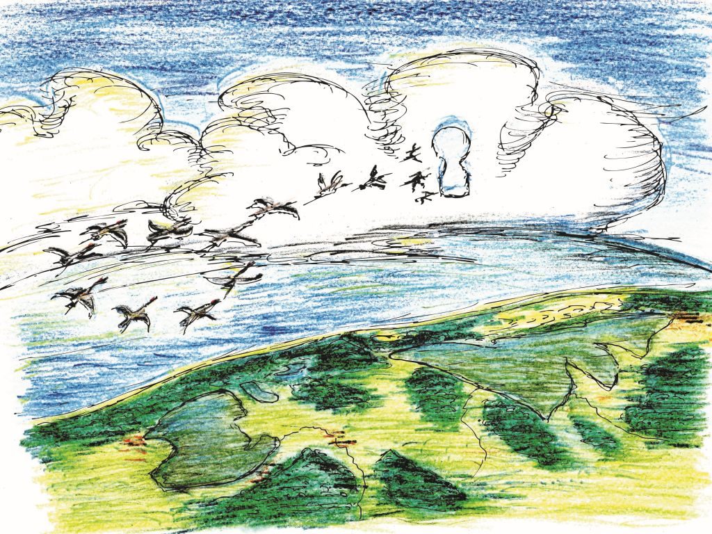 Jest to rysunek wykonany przez dziecko. Przedstawia widok Słowińskiego Parku Narodowego z lotu ptaka. Na tle białych chmur na niebieskim niebie widać klucz lecących ptaków.