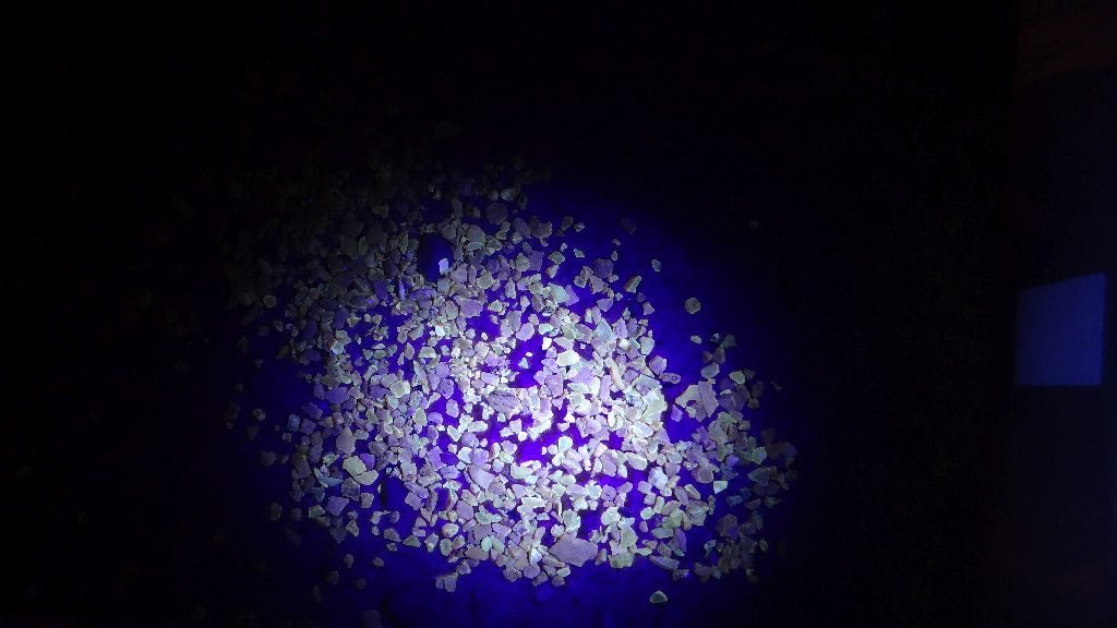 Widok okruchów bursztynu w świetle ultrafioletowym. Kamienie odznaczają się świecącą poświatą.