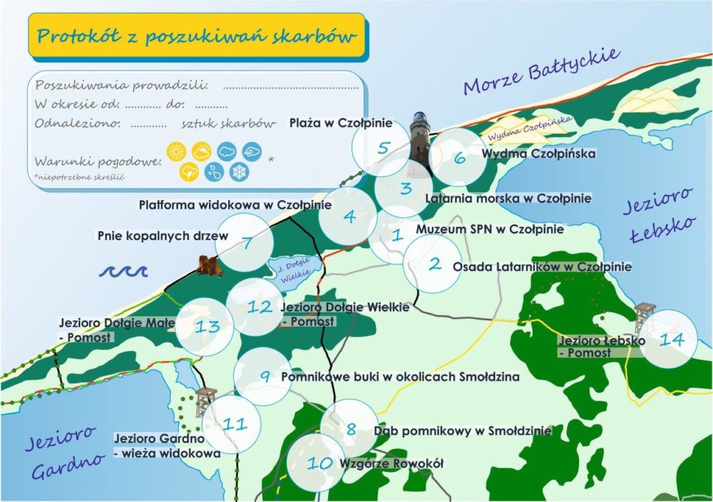 Ikonografika złożona z podkładowego szkicu terenowego Słowińskiego Parku Narodowego z naniesionymi punktami orientacyjnymi i punktami do odwiedzenia w ramach aplikacji mobilnej poszukiwanie skarbów.