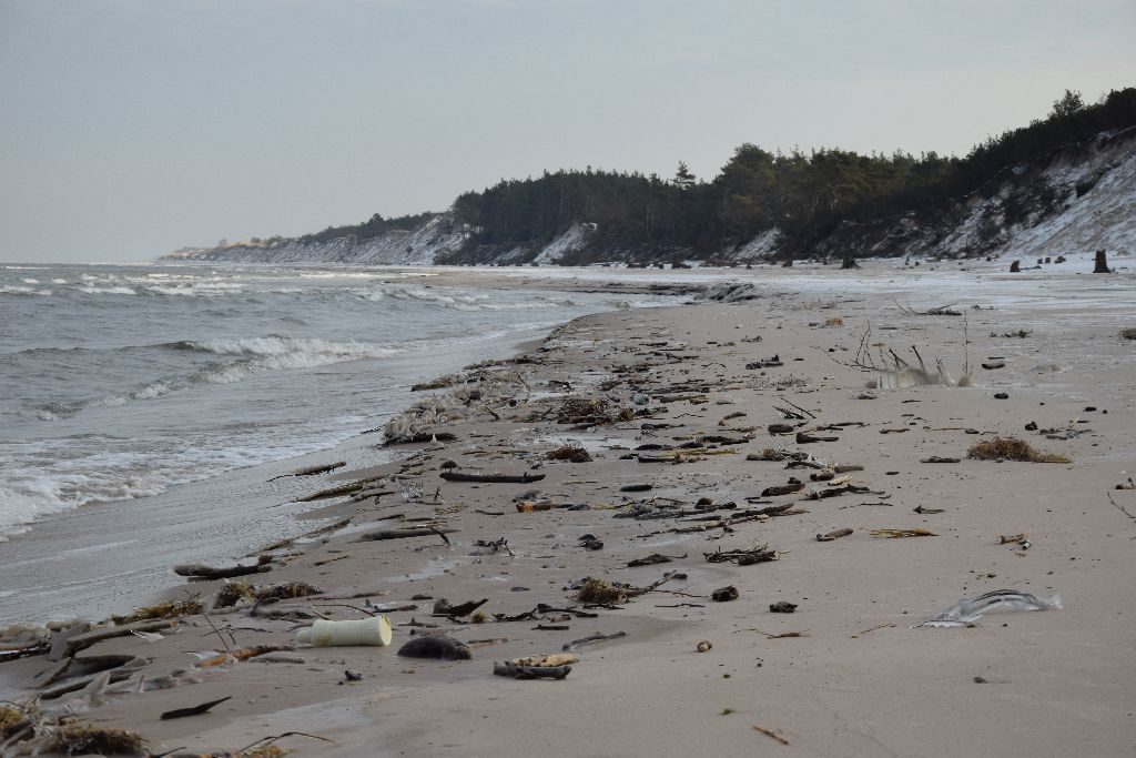 Plaża zasłana odpadkami różnego pochodzenia, wśród nich plastik. Widoczne fale morskie osadzają na piasku pływającą wcześniej materię. W oddali klif.