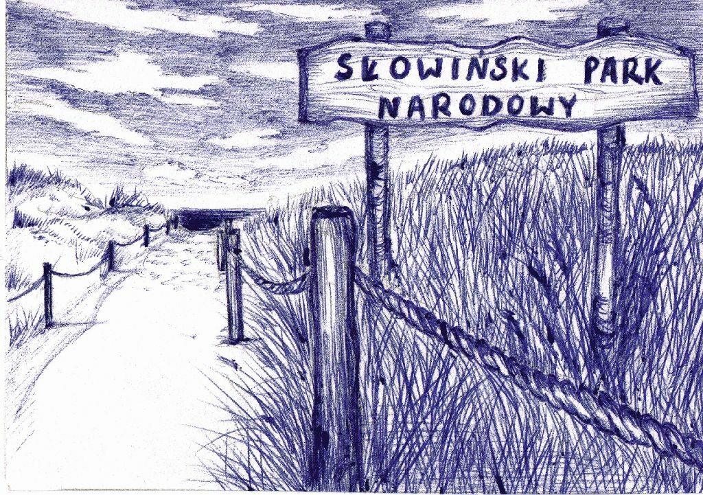 Grafika w kolorze niebieskim przedstawiająca szlak przez wydmę do morza z drewnianymi wygrodzeniami i sznurem. Z prawej strony na tablicy napis "Słowiński Park Narodowy".