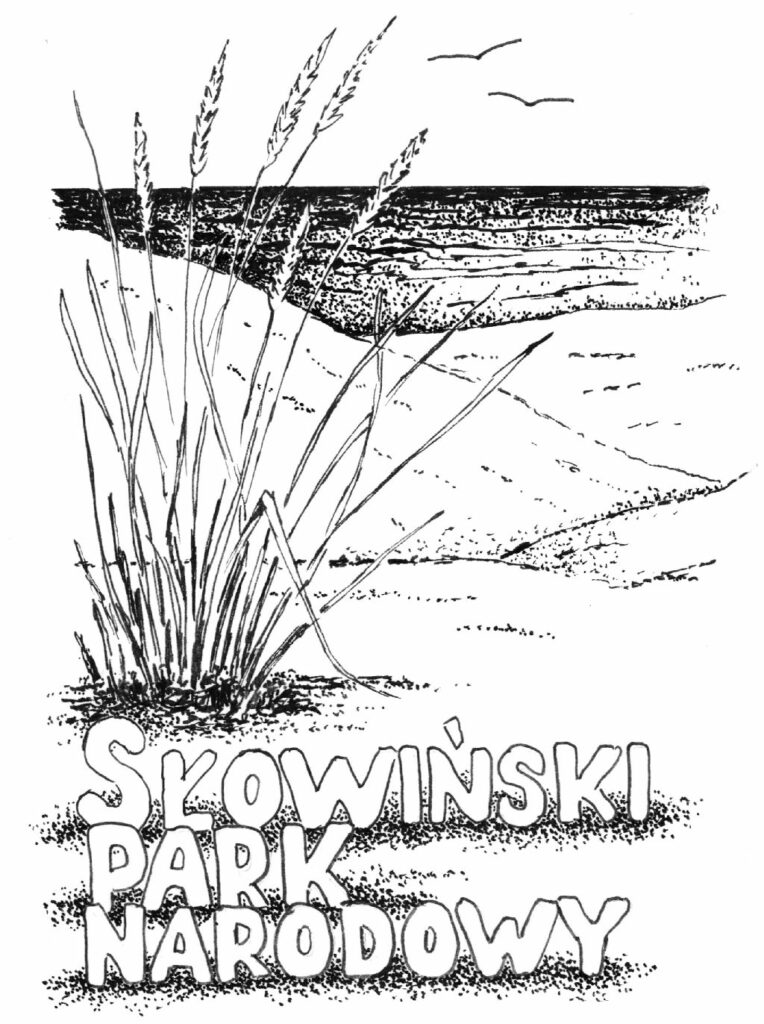 Grafika w kolorze czarnym. Z lewej strony rysunek trawy nadmorskiej, w tle plaża i morze. Na samym dole rysunku napis "Słowiński Park Narodowy".
